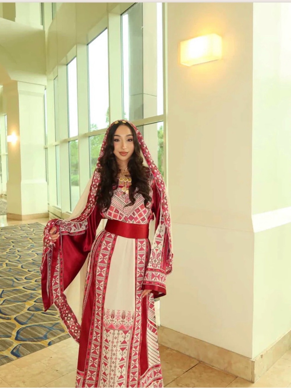 Embroidered Red and Cream Maxi Dress with Hooded Shawl
